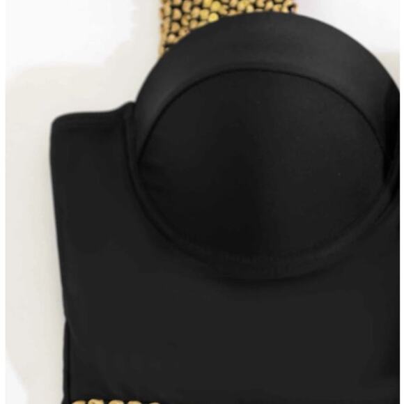 Black Push Up One Piece Swimsuit Sz XL Gold Sequin Wide Strap PUSHUP Padded Luxe - Picture 9 of 16